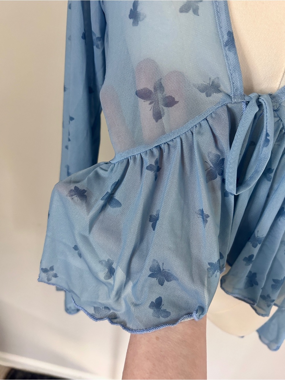 Y2K Babydoll Sheer Mesh Butterfly Bell Sleeve Ruffle Tie Top Fairy Coquette | XL - Picture 5 of 12